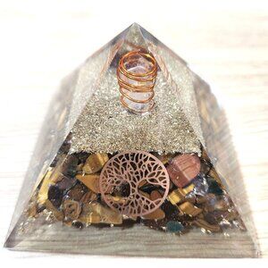 Tiger Eye Orgone Pyramid with Reiki Sign & Clear Quartz Point Healing Gemstone